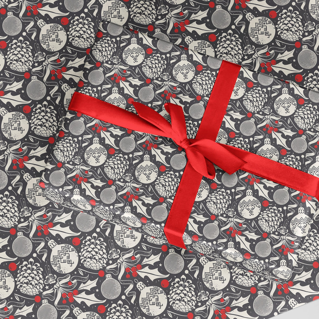 Luxury Recyclable Gift Wrap - Retro Charcoal Bauble