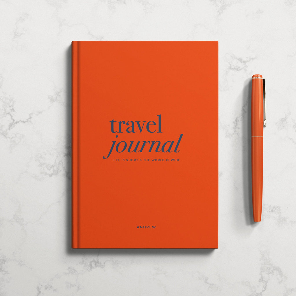 NEW Personalised Navy Travel Journal Hardback Orange / Standard text only