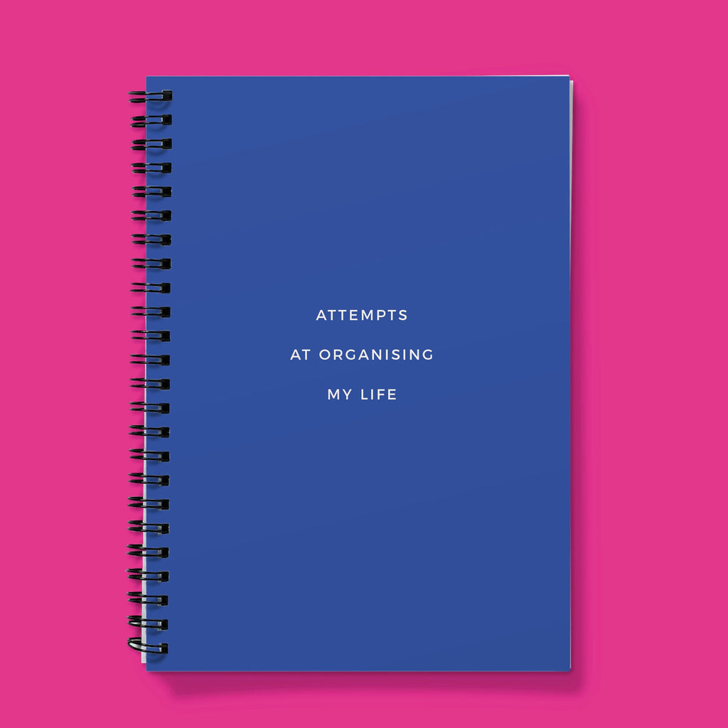 Personalised Bright Blue Spiral Notebook - Attempts At Organising My Life Quote (A5)