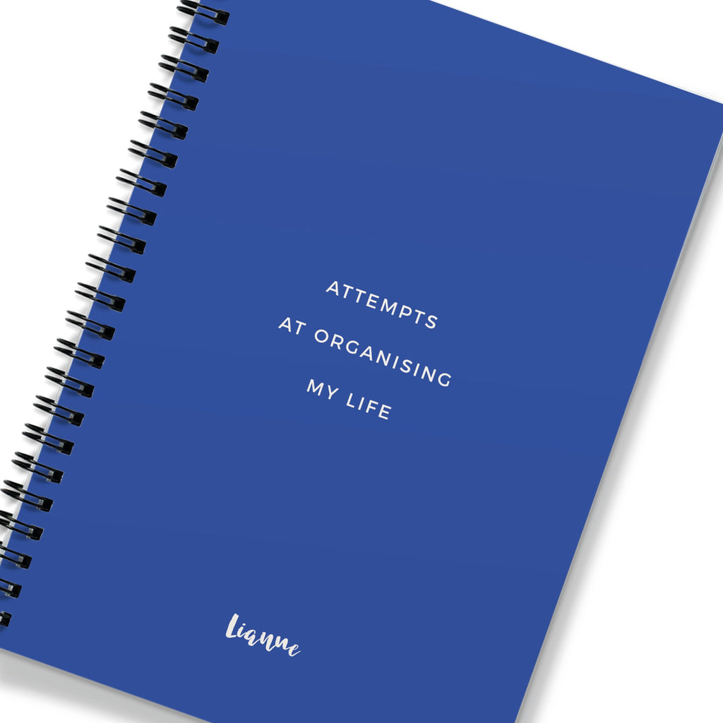 Personalised Bright Blue Spiral Notebook - Attempts At Organising My Life Quote (A5)