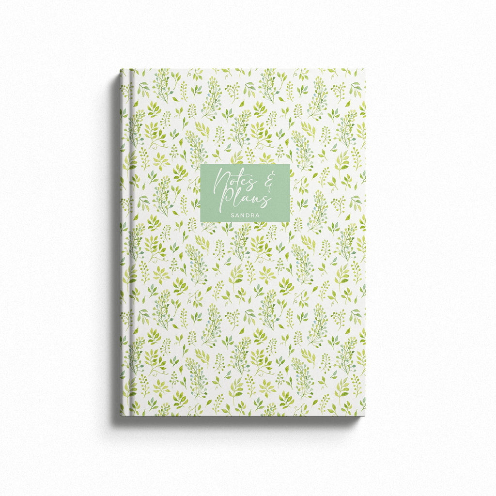 Personalised Leafy Green Botanical Hardback Notebook  - Notes & Plans (A5) Personalised Name / Blank