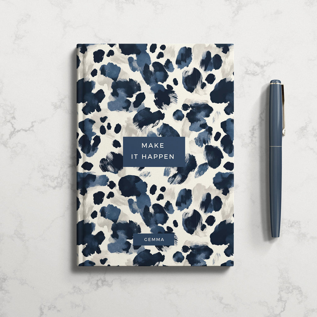Personalised Make It Happen Navy Leopard Hardback Notebook
