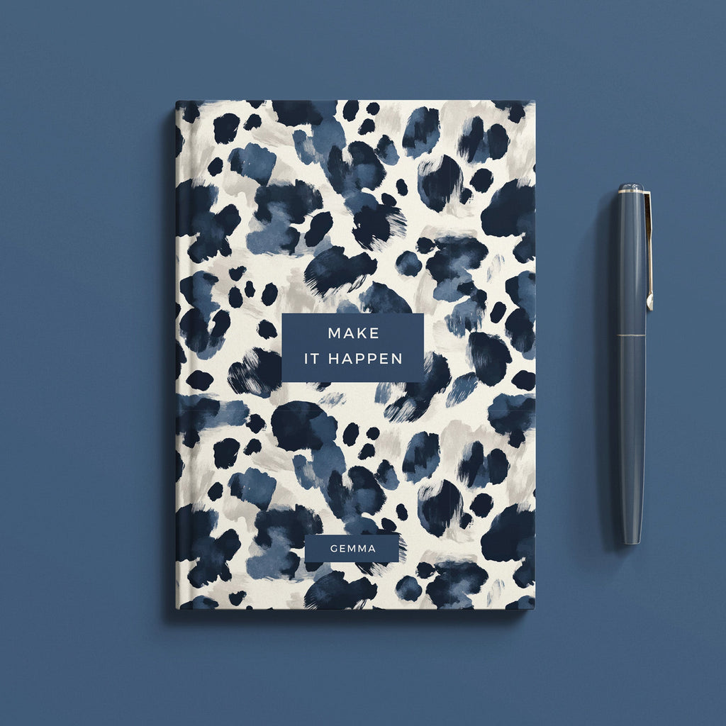 Personalised Make It Happen Navy Leopard Hardback Notebook