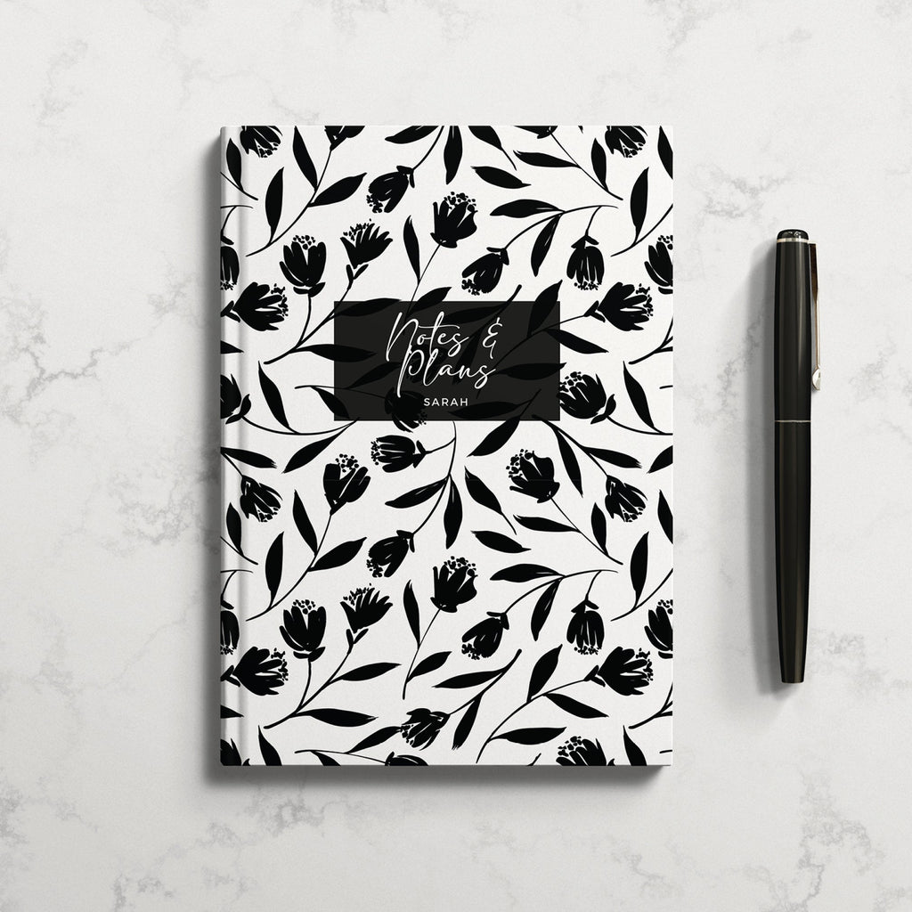 Personalised Monochrome Tulip Flower Hardback Notebook
