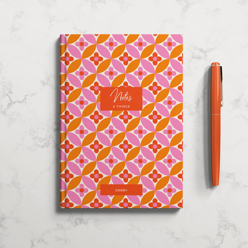 Personalised Retro Orange Flower Hardback Notebook