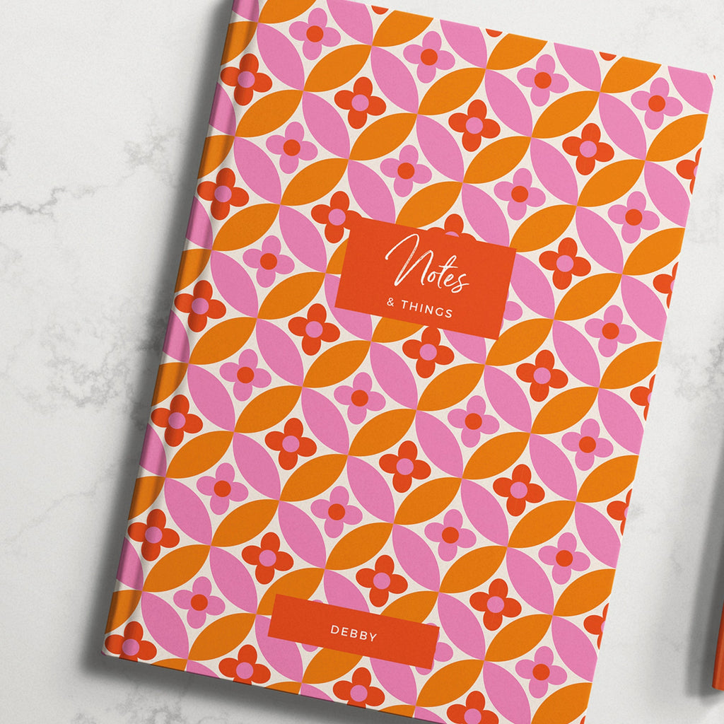 Personalised Retro Orange Flower Hardback Notebook