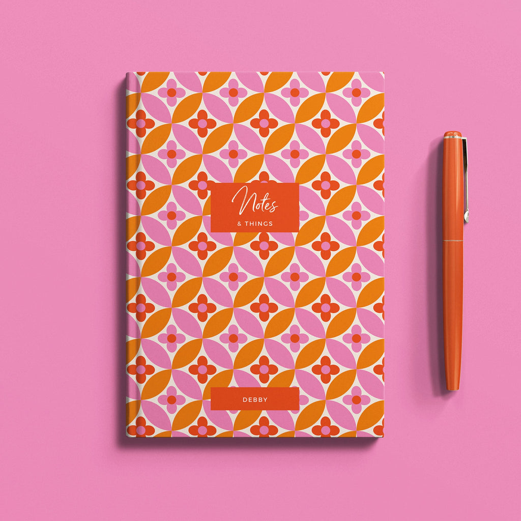 Personalised Retro Orange Flower Hardback Notebook
