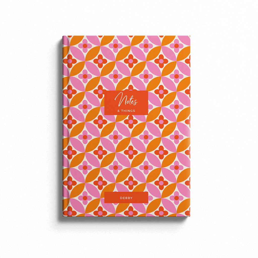 Personalised Retro Orange Flower Hardback Notebook Standard Text Only / Blank