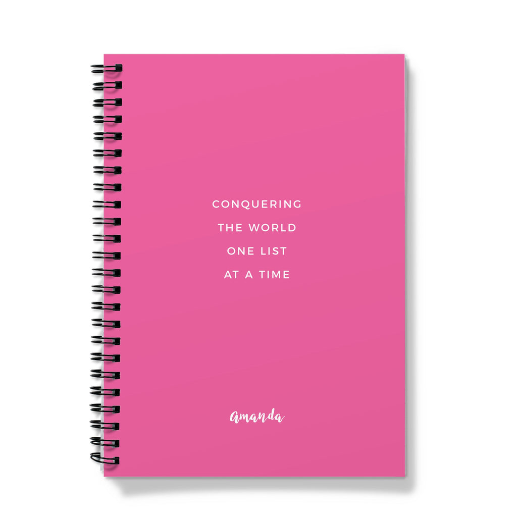 Personalised Spiral Notebook - Pink Conquering The World One List Quote (A5) Personalised Name / Lined