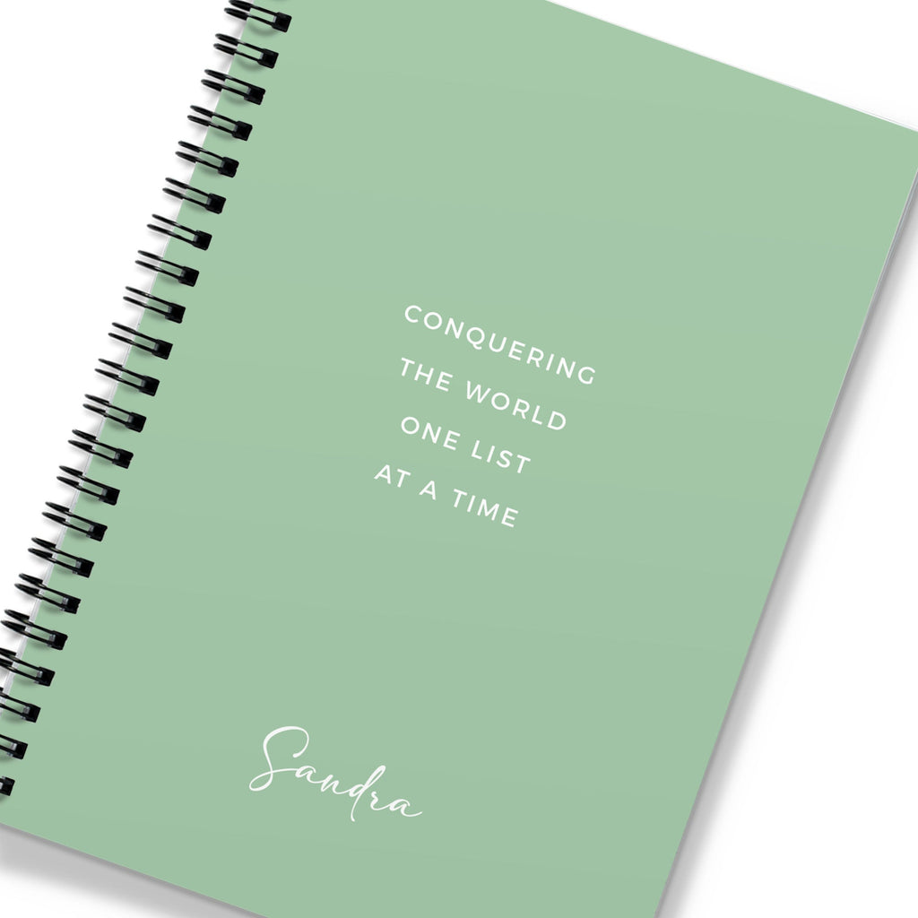 Personalised Spiral Notebook - Sage Green Conquering The World One List Quote (A5)