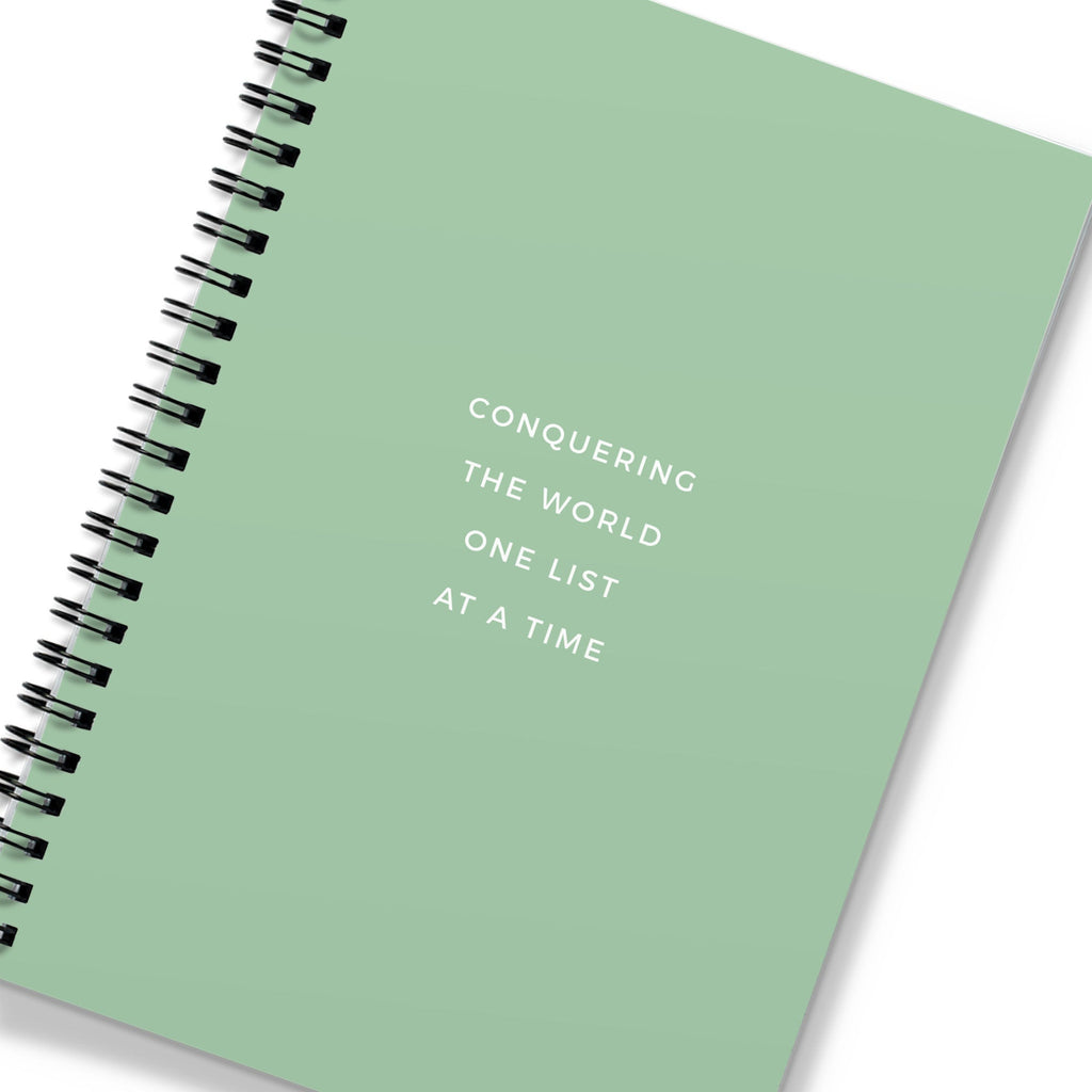 Personalised Spiral Notebook - Sage Green Conquering The World One List Quote (A5)