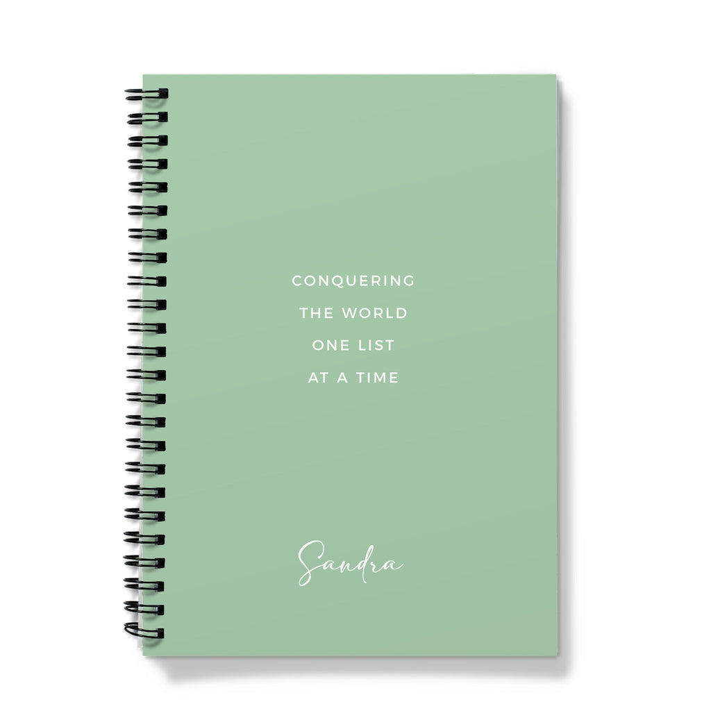 Personalised Spiral Notebook - Sage Green Conquering The World One List Quote (A5) Personalised Name / Lined