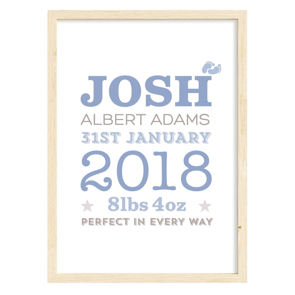 New Baby Birth Date Print Blue / A4 (210mm × 297mm) / Natural Frame