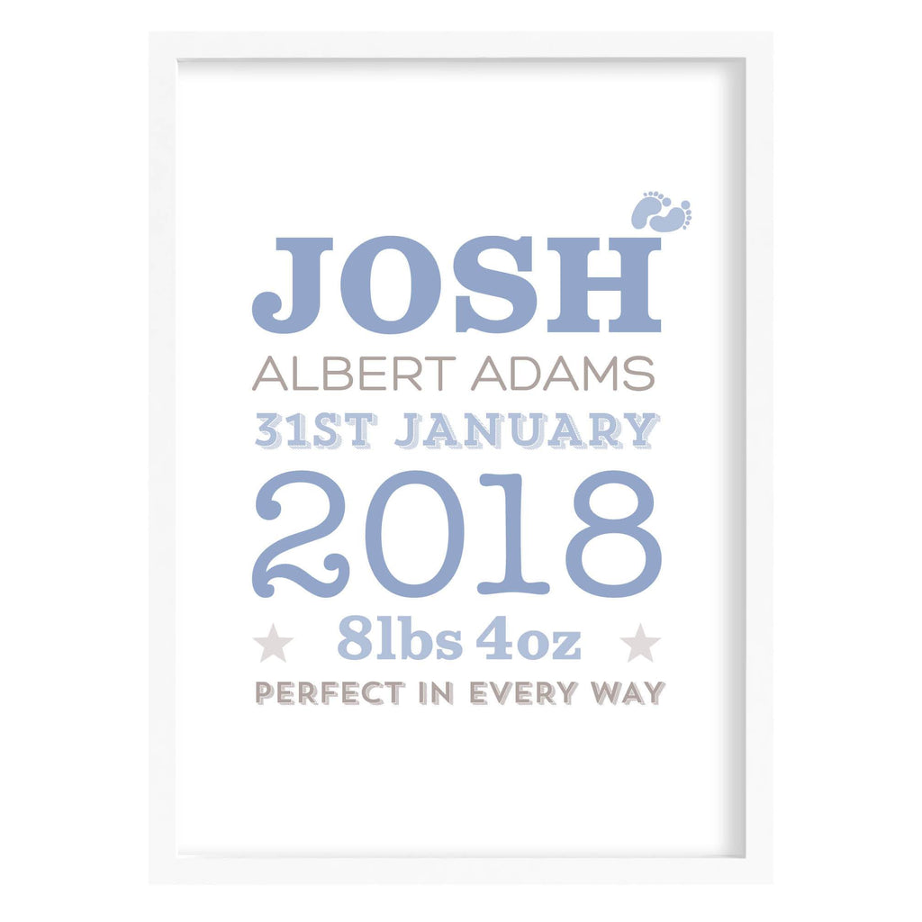 New Baby Birth Date Print Blue / A4 (210mm × 297mm) / White Frame