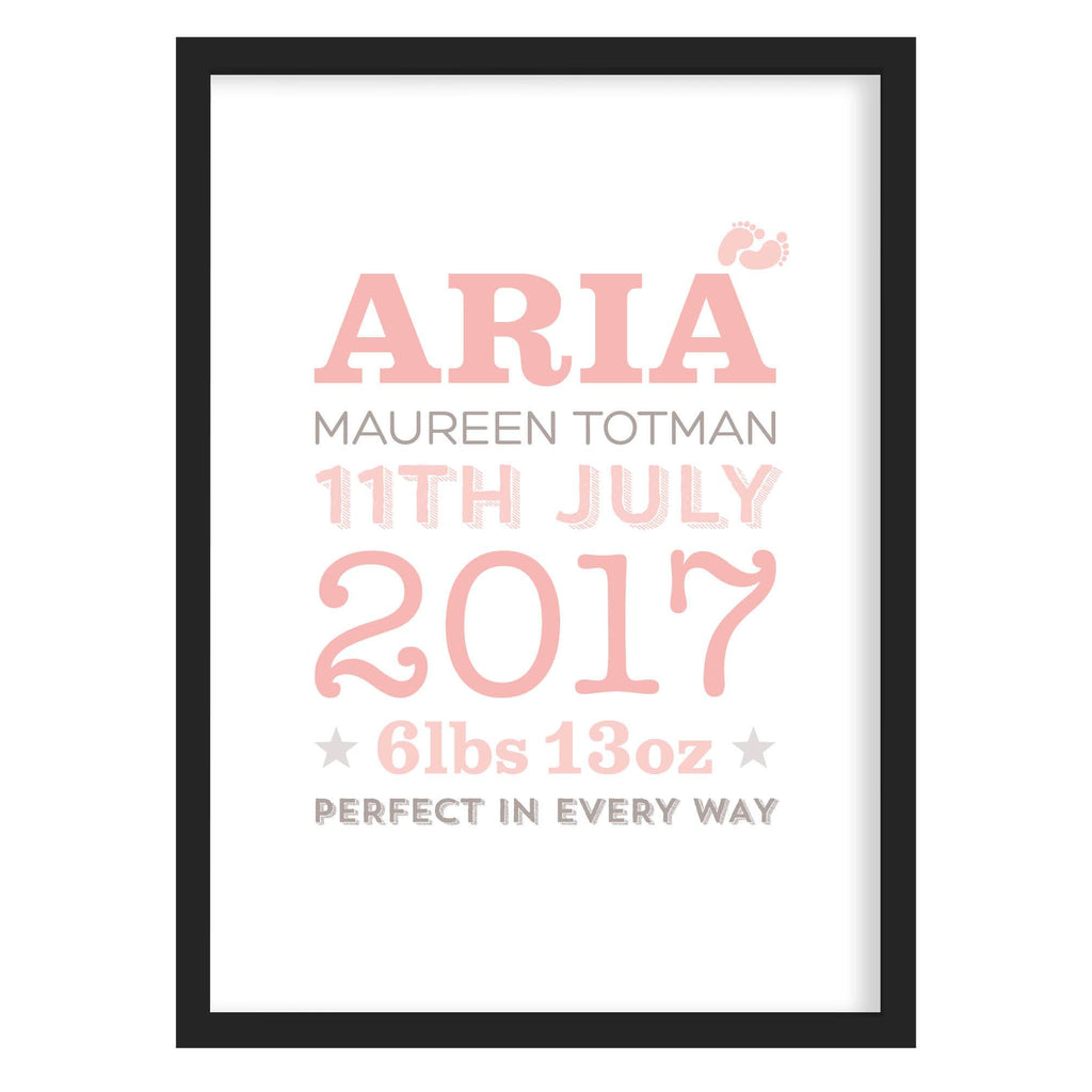 New Baby Birth Date Print Pink / A4 (210mm × 297mm) / Black Frame
