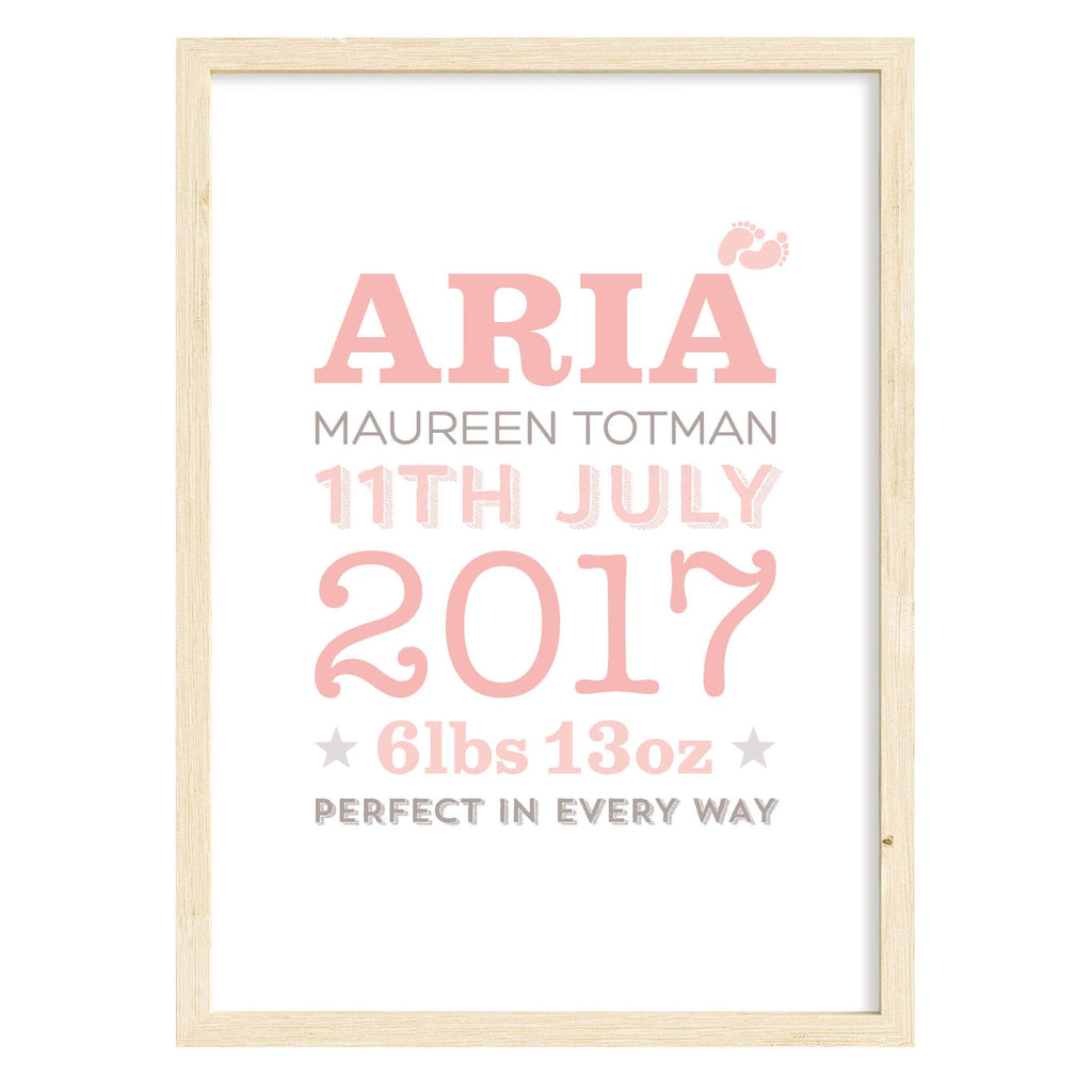 New Baby Birth Date Print Pink / A4 (210mm × 297mm) / Natural Frame