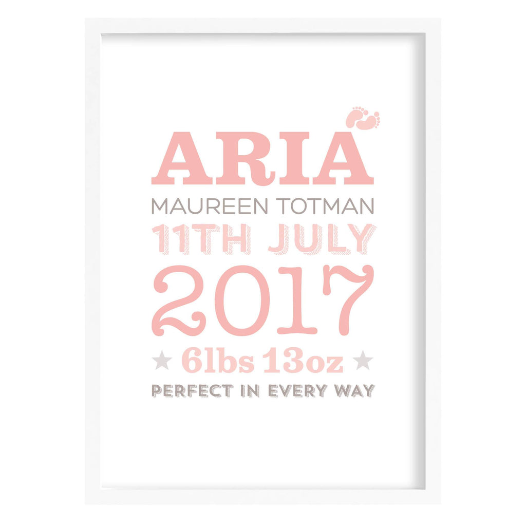New Baby Birth Date Print Pink / A4 (210mm × 297mm) / White Frame