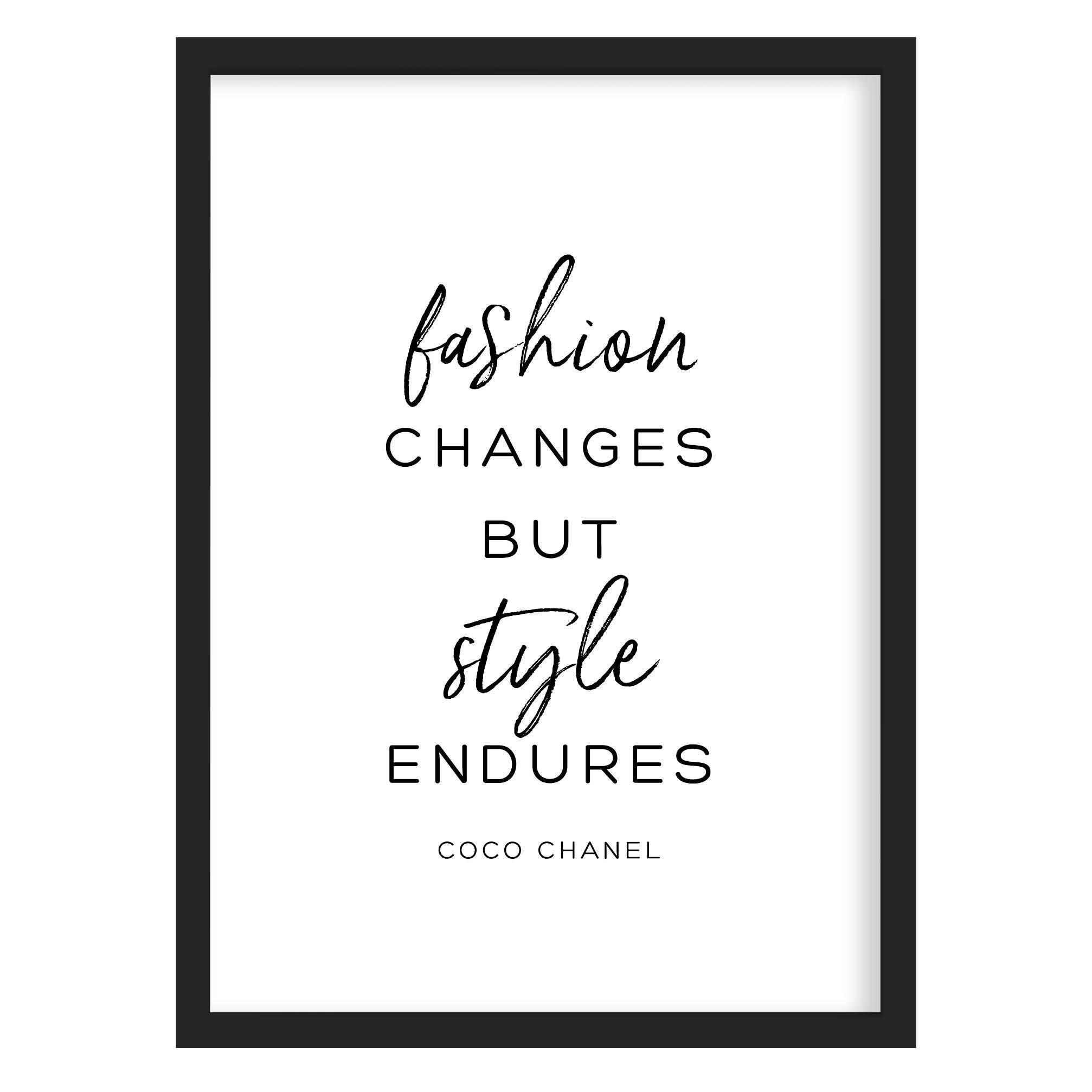 Coco Chanel style quotation print combining handwritten script and clean sans-serif type