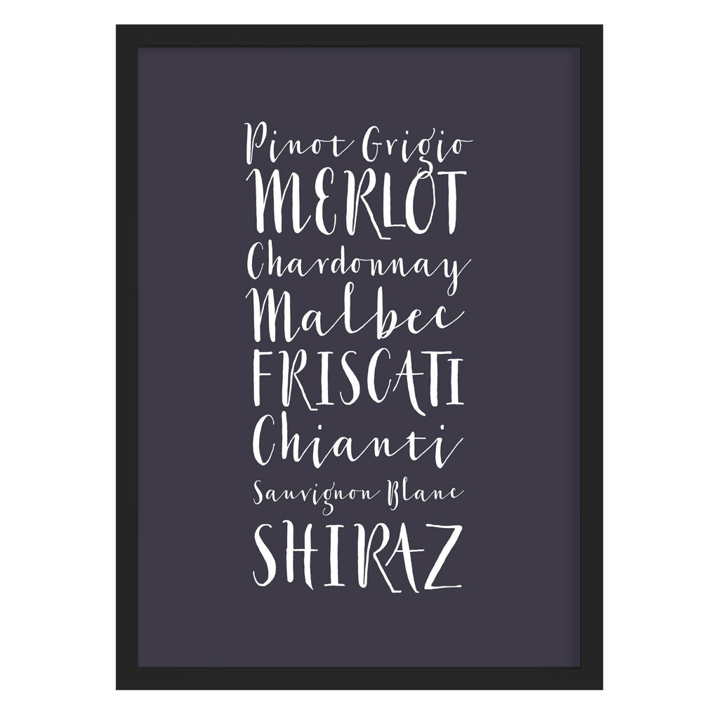 Wine Lover Wine Names Quote Print A4 (210mm × 297mm) / Black Frame