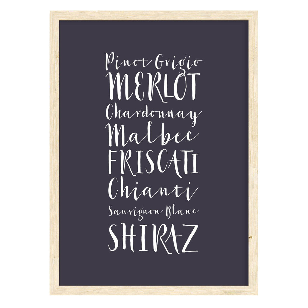 Wine Lover Wine Names Quote Print A4 (210mm × 297mm) / Natural Frame