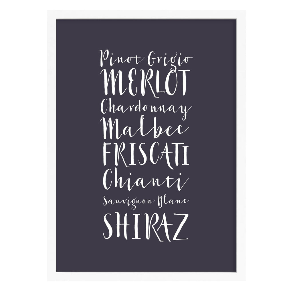 Wine Lover Wine Names Quote Print A4 (210mm × 297mm) / White Frame
